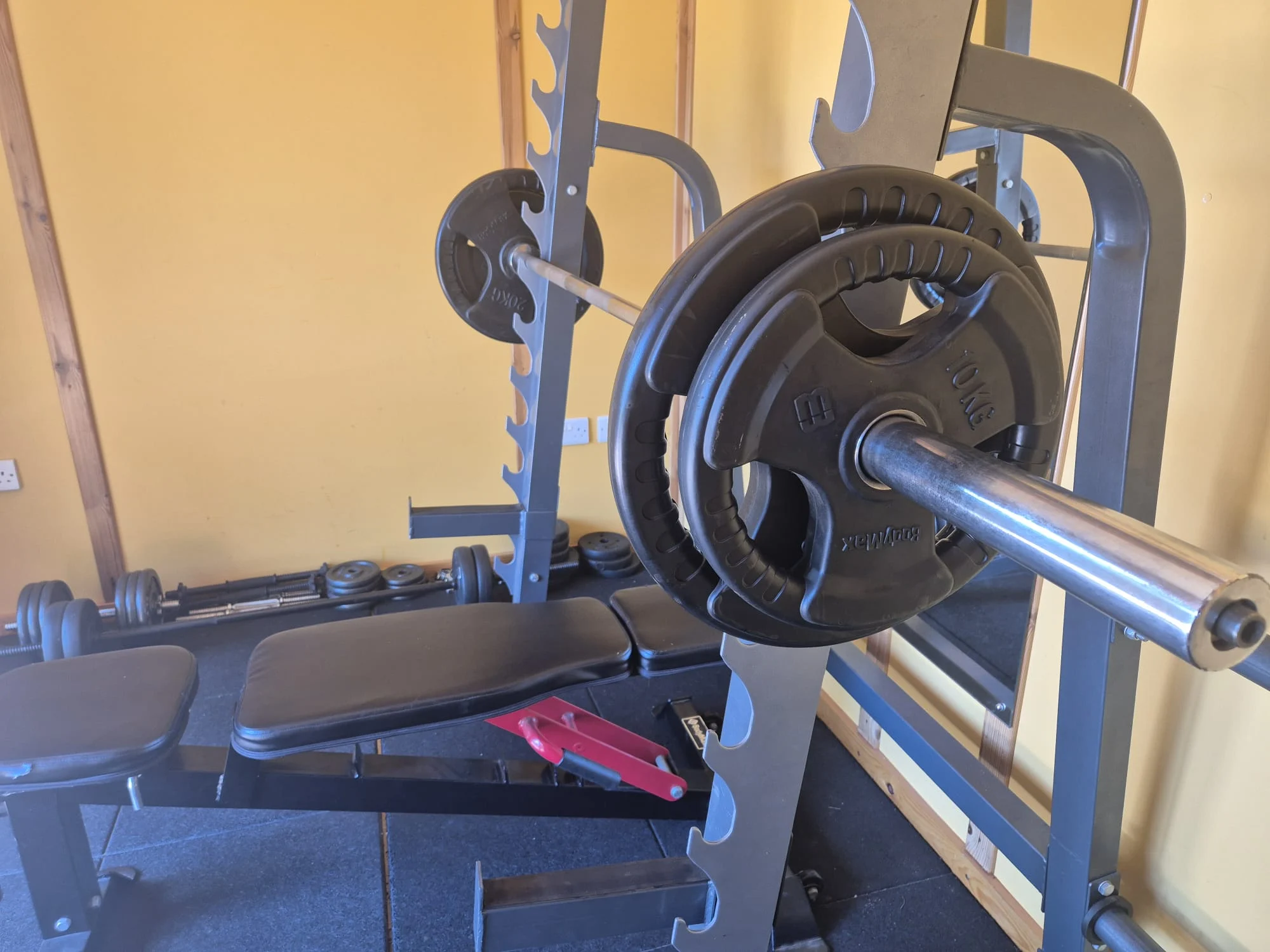 Barbell, bench and strength rack in the Osterley PT Studio